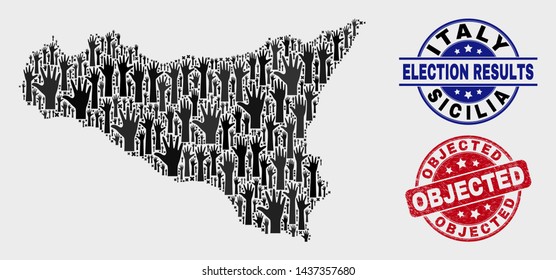 Vote Sicilia map and seal stamps. Red rounded Objected textured seal stamp. Black Sicilia map mosaic of raised up decision arms. Vector composition for ballot results, with Objected seal.