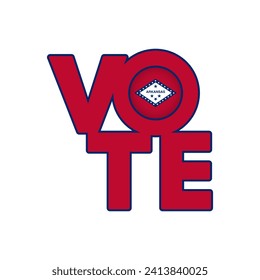 Vote sign, postcard, poster. Banner with Arkansas flag. Vector illustration.