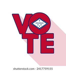 Vote sign, postcard, poster. Banner with Arkansas flag with long shadow. Vector illustration.