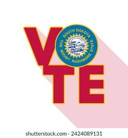 Vote sign, postcard, poster. Banner with South Dakota flag with long shadow. Vector illustration.
