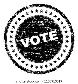 VOTE stamp seal watermark with distress style. Black vector rubber print of VOTE title with dust texture. Rubber seal imitation has circle shape and contains stars.