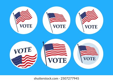 Vote sticker set. Vote buttons on election day. Circle vote badge or label. US, USA, american election, voting sign. I voted quote. Responsible voting badge or pin. vector illustration