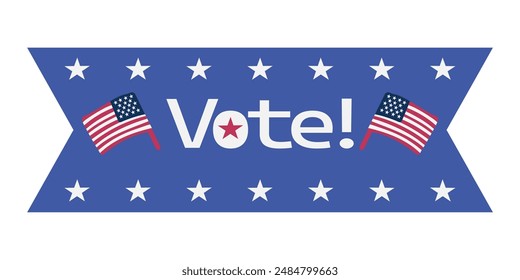 Vote sticker with USA flags and white stars on blue background in ribbon shape. Vote icon, sticker, badge or sign. Voting, presidential campaign concept. American election design element