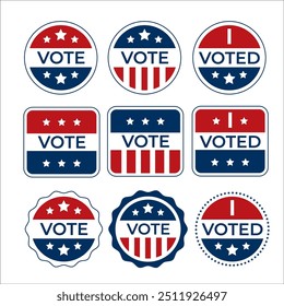 Vote stickers set with American flag. Voter badge. Vote buttons on election day. USA election campaign pins.