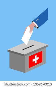Vote for Switzerland election with voting ballot and Swiss flag. All the silhouette objects, and background are in different layers. 