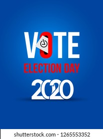 Vote text 2020. Presidential text election day symbolic elements. Vector illustration. Isolated on blue background.