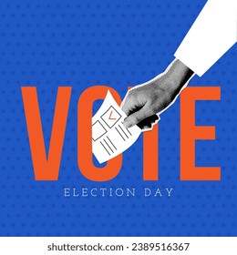 Vote text with halftone sticker of Hand placing a ballot into a letter slot in a word. 2024 Presidential Election Day Symbolic Elements. Vector dotted Cutouts magazines.