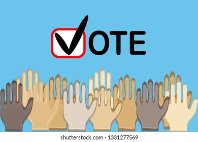 Vote text and hand on light blue background voting concept.
