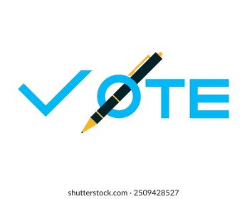 Vote - text isolated on white background. Letter V as a check mark for voting. Ballpoint pen passes through the letter o. Design for banners, posters and advertising products. Vector illustration