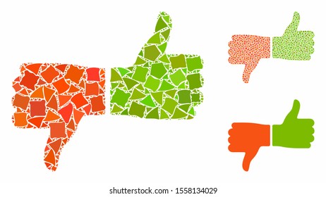 Vote thumbs composition of abrupt parts in variable sizes and color tones, based on vote thumbs icon. Vector rugged parts are united into composition. Vote thumbs icons collage with dotted pattern.
