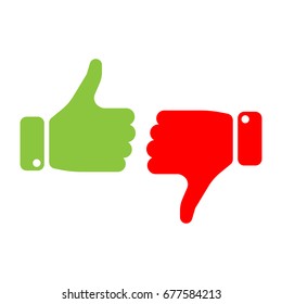 Vote thumbs up icon in red and green . Make a choice, yes or no, love it or hate it, like or dislike win or loss. Vector illustration.