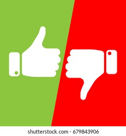 Vote thumbs up icon in red and green fields. Make a choice, yes or no, love it or hate it, like or dislike win or loss. Vector illustration.