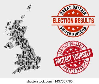 Vote United Kingdom map and stamps. Red round Protect Yourself textured stamp. Black United Kingdom map mosaic of upwards vote hands. Vector composition for ballot results,