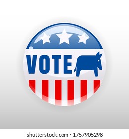 I Vote United States of America button election, badge, donkey symbol of a democratic party. Vector illustration isolated