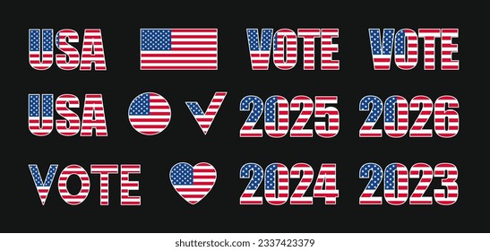 Vote, US Flag vector illustration. Stars and stripes, Stars, Sticker set, design elements, Heart, USA