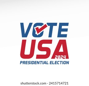 Vote USA 2024 Presidential Election. Vector text in red and blue with a checkmark in the 'O' of 'Vote,' symbolizing the American presidential election in 2024