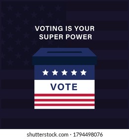 Vote Usa Flat Vector Design ,voting Is Your Superpower. Bulletin Box Flat