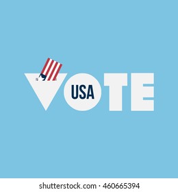 Vote USA. Voting concept in flat typography style. American flag going inside the voting box.