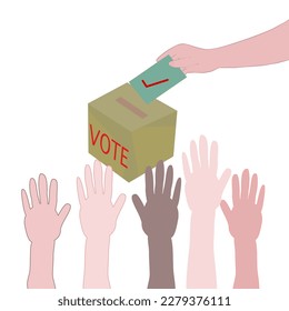 Votar ilustración vectorial levantando manos y tarjeta de votación