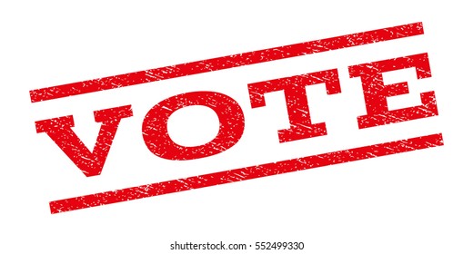 Vote watermark stamp. Text tag between parallel lines with grunge design style. Rubber seal stamp with scratched texture. Vector red color ink imprint on a white background.