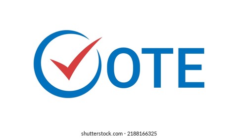 Vote word with checkmark text symbol isolated on white background. Democratic voter concept. Red and blue badge design. Flat style. Vector illustration.