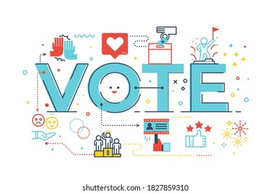 Vote word lettering illustration with icons for web banner, flyer, landing page, presentation, book cover, article, etc.