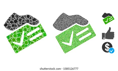 Vote yes icon composition of ragged parts in various sizes and color hues, based on vote yes icon. Vector uneven parts are combined into mosaic. Vote yes icons collage with dotted pattern.