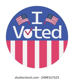 I Voted round sticker with USA flags and white stripes on red background. Vote icon, sticker, badge or sign. Voting, presidential campaign concept. American election design element