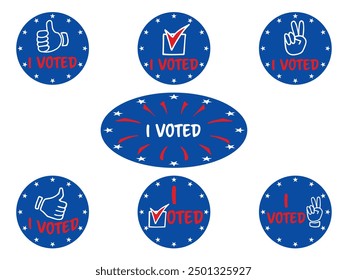 I voted. Set of Voting stickers or labels in different shapes. Vote icon, sticker, badge or sign collection. Election Vote concept. Hand drawing doodle isolated on transparent background