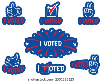 Yo voté. Conjunto de pegatinas o rótulos de votación en diferentes Formas. Icono de voto, pegatina, insignia o colección de signo. Concepto de voto electoral. Dibujo a mano doodle aislado sobre fondo transparente