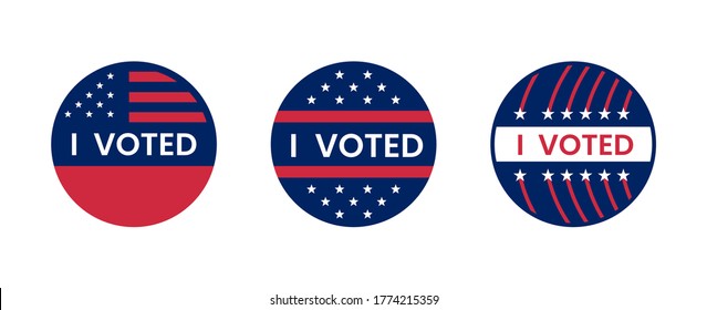 I voted sticker collection. Vote badges on election day. Circle vote sticker or label. US, USA, american election, voting sign. I voted quote. Responsible voting badge or pin. vector illustration