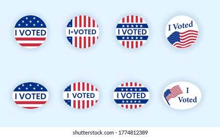 I voted sticker collection. Vote badges on election day. Circle vote sticker or label. US, USA, american election, voting sign. I voted quote. Responsible voting badge or pin. vector illustration