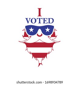 I voted sticker design. Bearded man in sunglasses. The US presidential election 2020. American flag colors. Vector illustration.