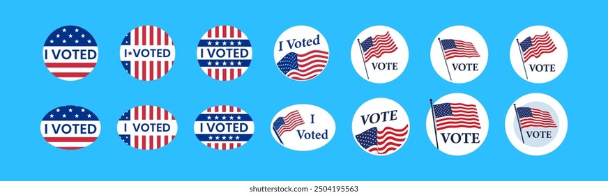 I voted sticker set. Vote buttons on election day. Circle vote badge or label. US, USA, american election, voting sign. I voted quote. Responsible voting badge or pin. vector illustration