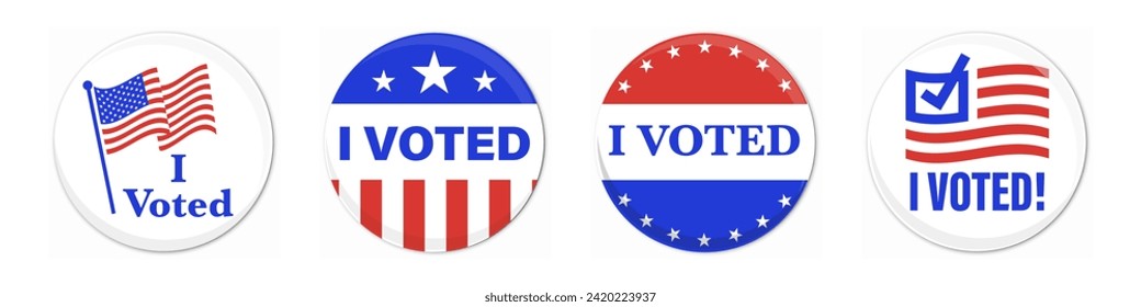 I voted stickers set with american flag. Voter badge. USA election campaign pins.