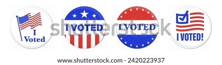 I voted stickers set with american flag. Voter badge. USA election campaign pins.