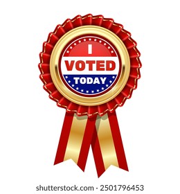 I voted today pin, red rosette, gold badge or medal, election day badge for voted people, vector