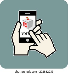 Vote,hand holding smartphone. Vector flat design.