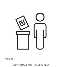 voter in elections icon, person and ballot box, contributes paper vote, candidate selection, thin line symbol - editable stroke vector illustration