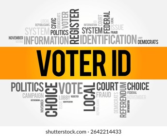 Voter ID refers to an identification document or card that verifies a person's identity when they go to vote in an election, word cloud concept background