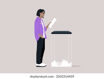 A voter stands thoughtfully beside a clear ballot box, preparing to submit their vote, emphasizing civic duty and democratic participation