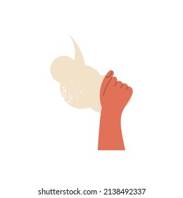 Voter with vote or Man's hand up holding white speech bubble with idea comment information opinion or message flat vector cartoon illustration. One person arm with poll card isolated on background