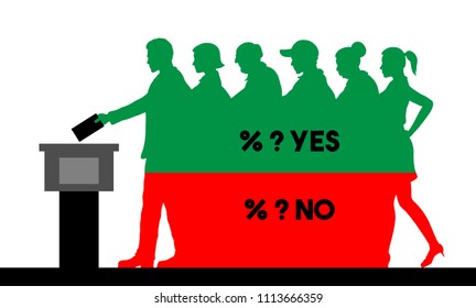 voters crowd silhouette with election results of referendum percentages. All the silhouette objects, texts and background are in different layers and the text types do not need any font. 