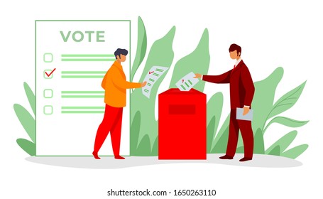 Voters inserting forms into ballot boxes. Presidential, congress, government election flat vector illustration. Democracy, poll, campaign concept for banner, website design or landing web page