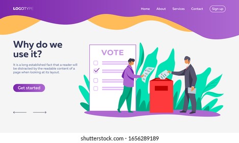 Wähler, die Formulare in die Wahlurnen einfügen. Präsidentschafts-, Kongress-, Regierungswahlwoche Vektorillustration Illustration. Demokratie, Meinungsumfragen, Wahlkampfkonzept für Banner, Website-Design oder Landing-Website