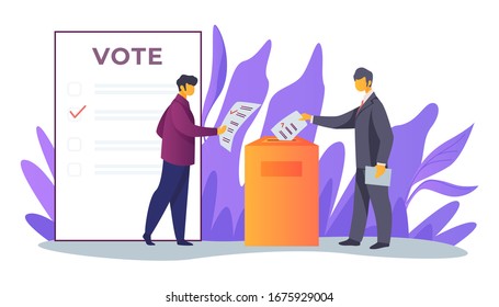 Voters inserting forms into ballot boxes. Presidential, congress, government election flat vector illustration. Democracy, poll, campaign concept for banner, website design or landing web page