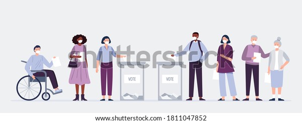 Voters in masks casting\
ballots at the polling place. Men and women putting paper ballots\
to election box. Election during a pandemic. Vector flat\
illustration. 