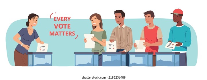 Voters persons casting ballots putting papers with vote into election boxes. Multiethnic men, women voting in favor or against candidate, party making decision. Polling place flat vector illustration