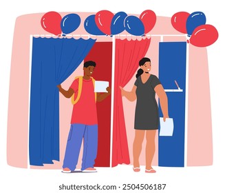 Voters At A Polling Station With Blue And Red Curtains, Balloons, And Voting Booths, Casting Their Votes During Election. Vector Image Captures The Concept Of Democracy, Civic Duty, And Participation