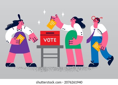 Voters put paper bulletin in ballot box make decision. People vote at election, select candidate for president or minister. Democracy and politics concept. Democratic society. Vector illustration. 